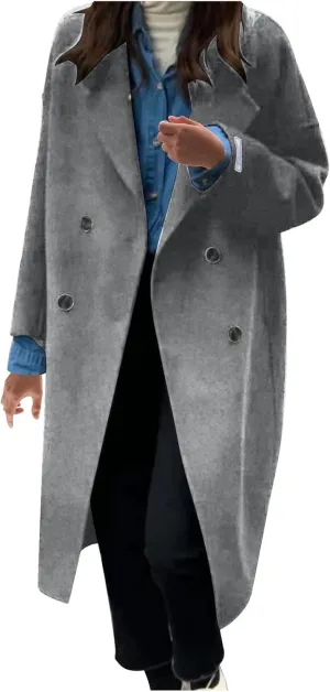 Women Lapel Collar Midi Long Pea Trench Coat Open Front Button Down Slim Solid Casual Overcoat Jacket Pockets Outwear