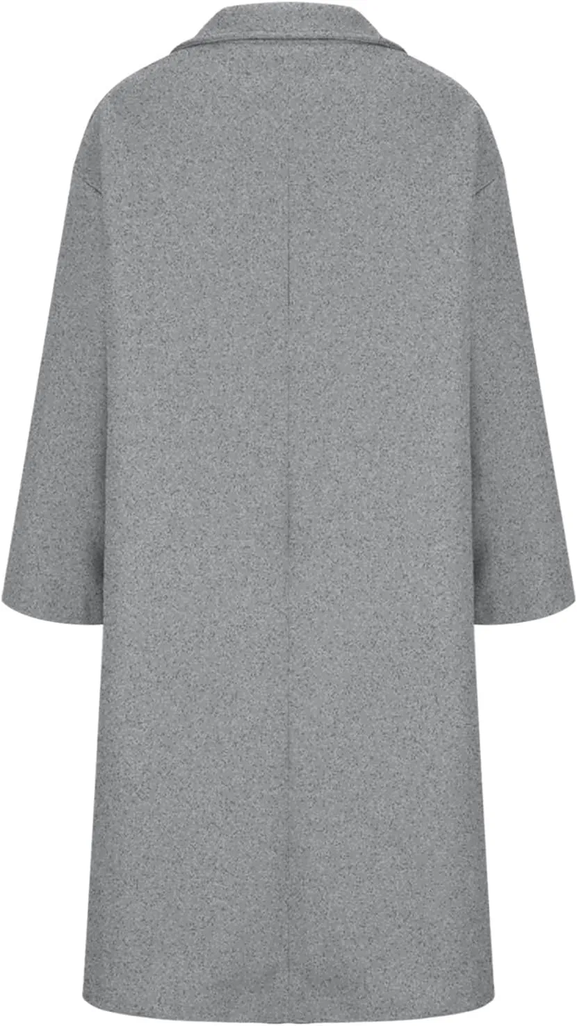 Women Lapel Collar Midi Long Pea Trench Coat Open Front Button Down Slim Solid Casual Overcoat Jacket Pockets Outwear