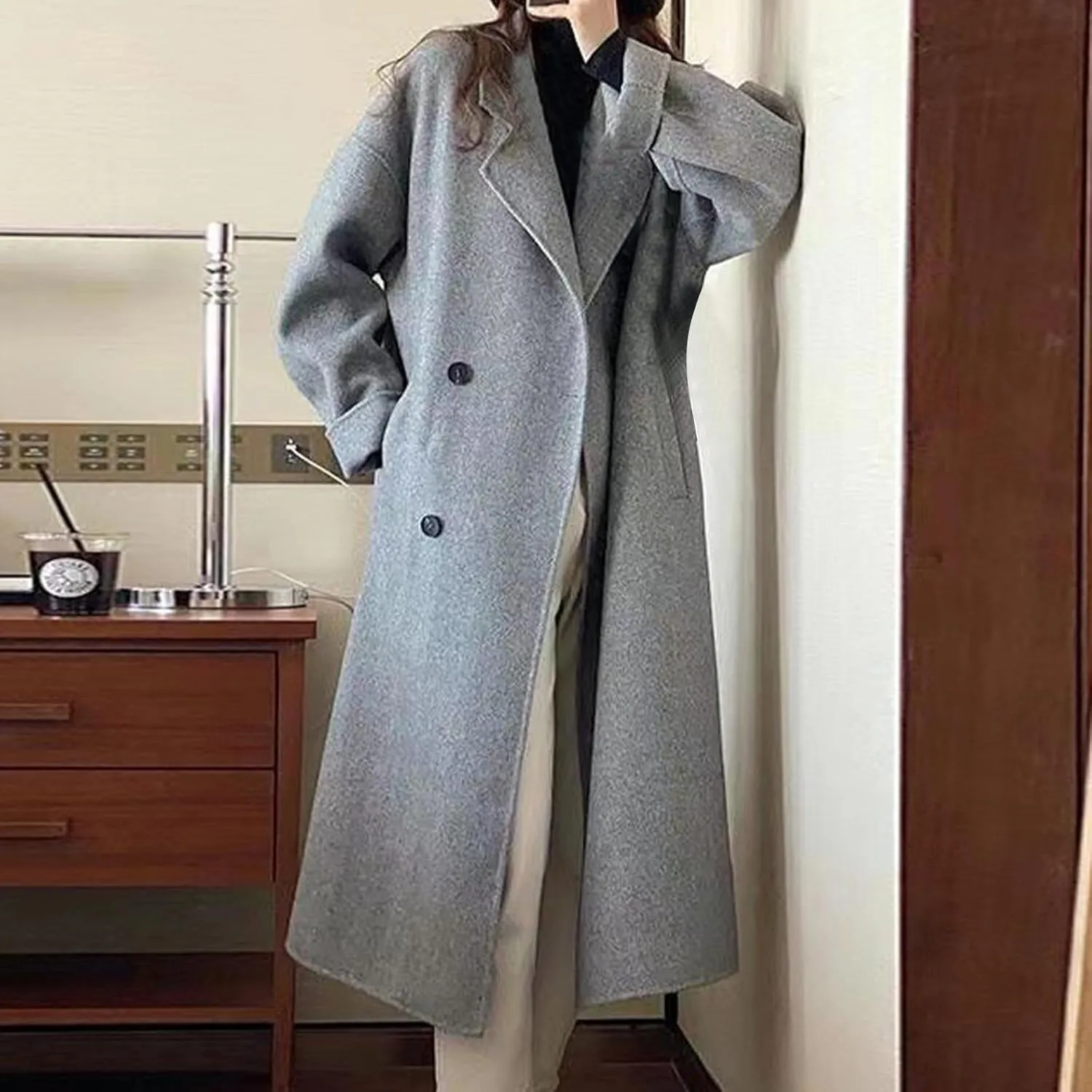 Women Lapel Collar Midi Long Pea Trench Coat Open Front Button Down Slim Solid Casual Overcoat Jacket Pockets Outwear