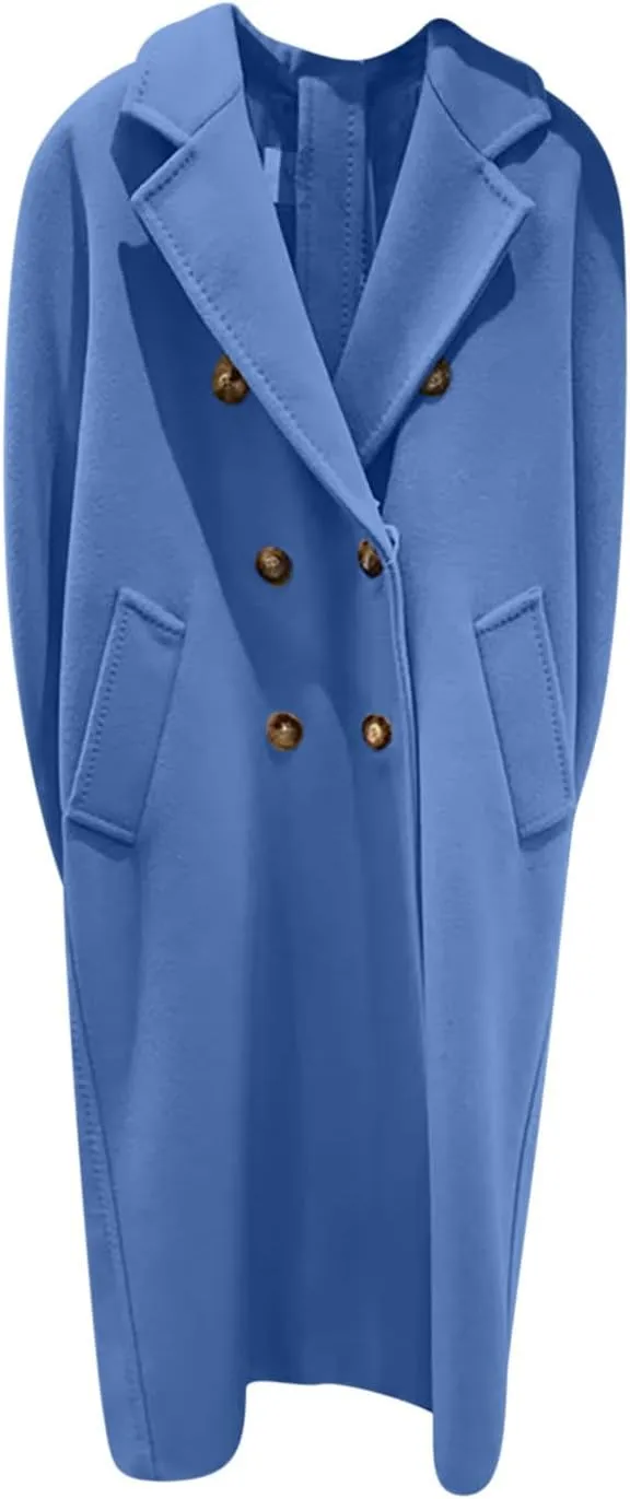 Women Long Wool Blend Pea Coat Winter Casual Overcoat Notched Lapel Collar Trench Coats Belted Pockets Jacket Outwear