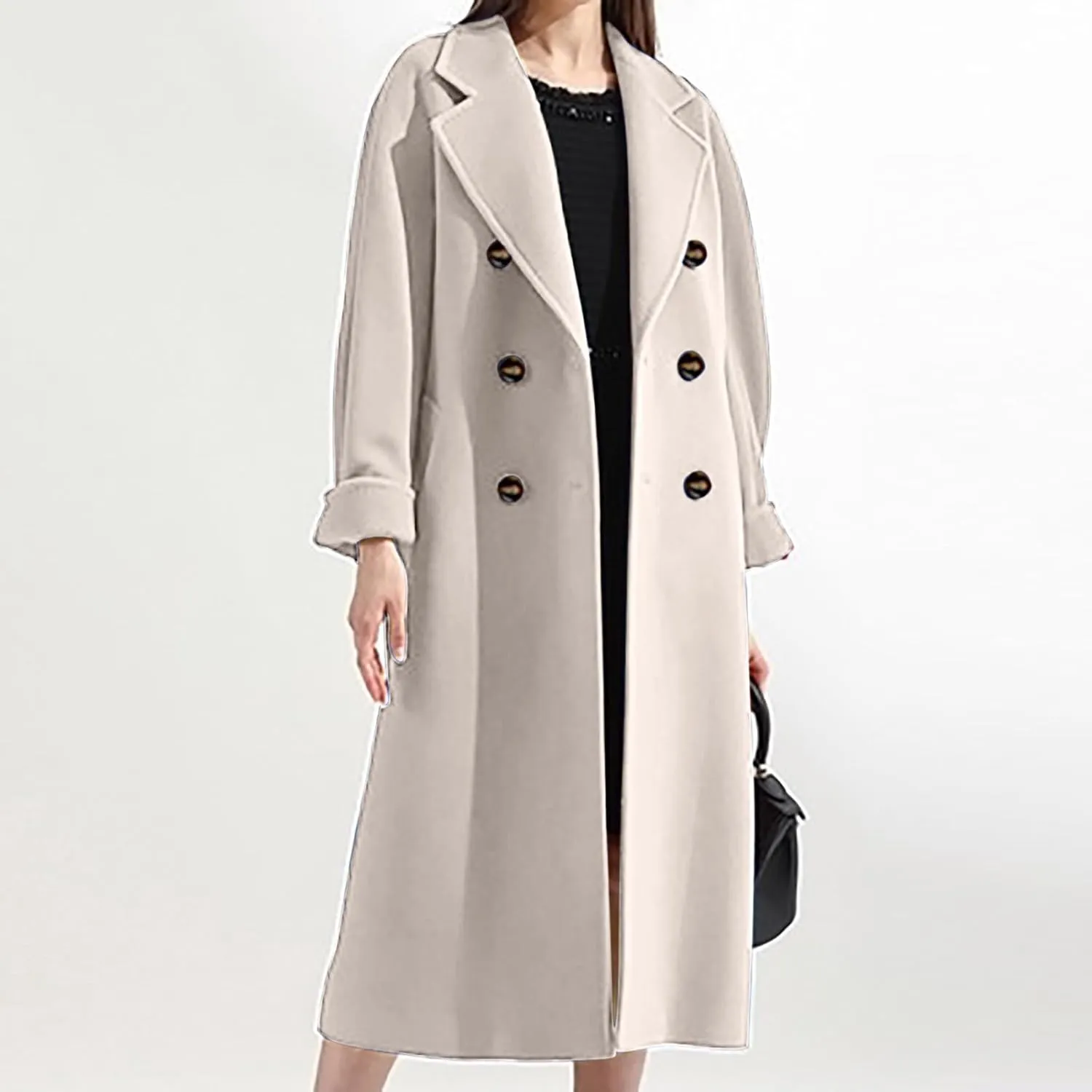 Women Long Wool Blend Pea Coat Winter Casual Overcoat Notched Lapel Collar Trench Coats Belted Pockets Jacket Outwear