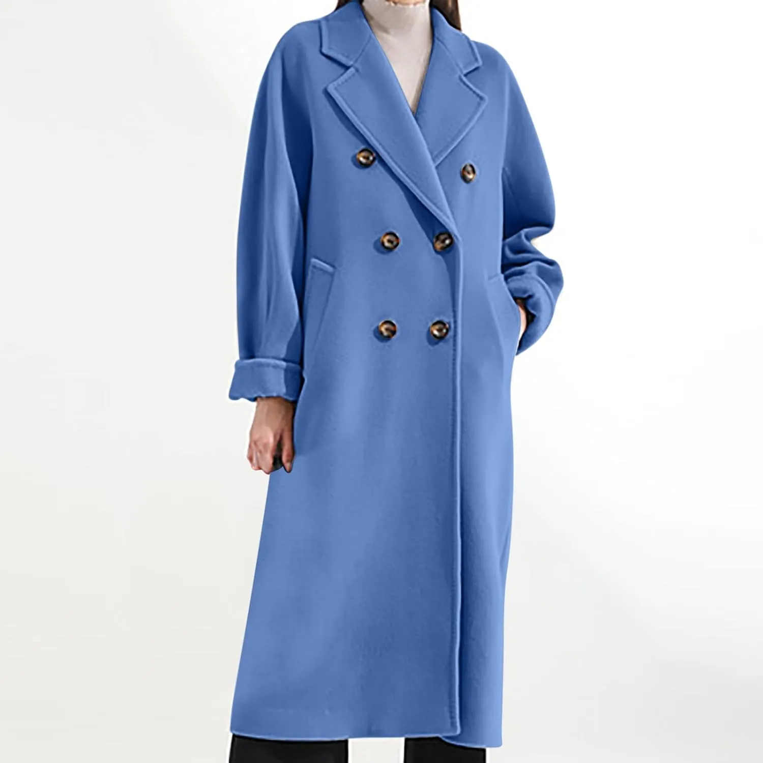Women Long Wool Blend Pea Coat Winter Casual Overcoat Notched Lapel Collar Trench Coats Belted Pockets Jacket Outwear