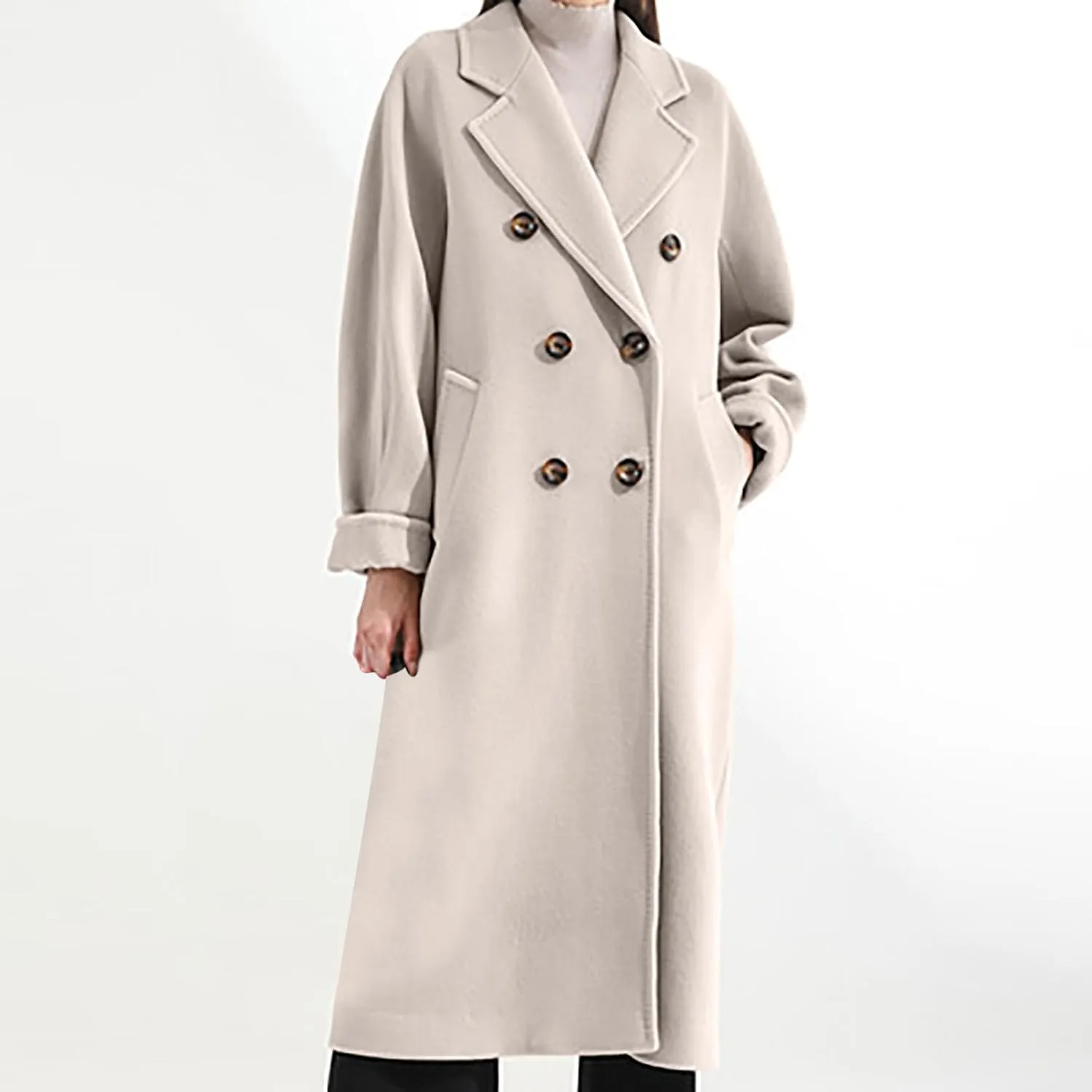 Women Long Wool Blend Pea Coat Winter Casual Overcoat Notched Lapel Collar Trench Coats Belted Pockets Jacket Outwear