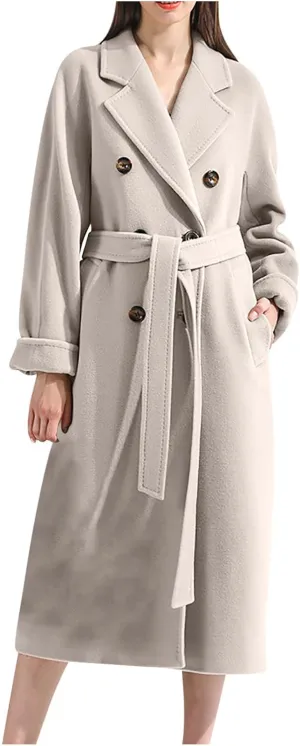 Women Long Wool Blend Pea Coat Winter Casual Overcoat Notched Lapel Collar Trench Coats Belted Pockets Jacket Outwear