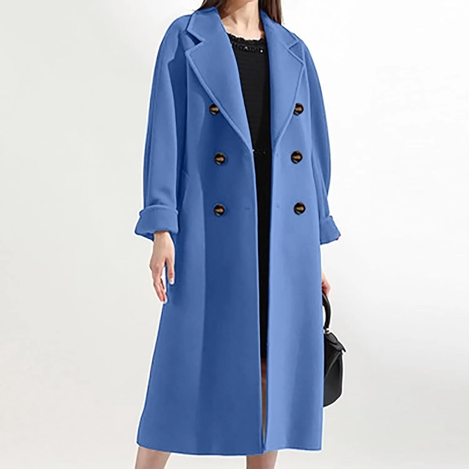 Women Long Wool Blend Pea Coat Winter Casual Overcoat Notched Lapel Collar Trench Coats Belted Pockets Jacket Outwear