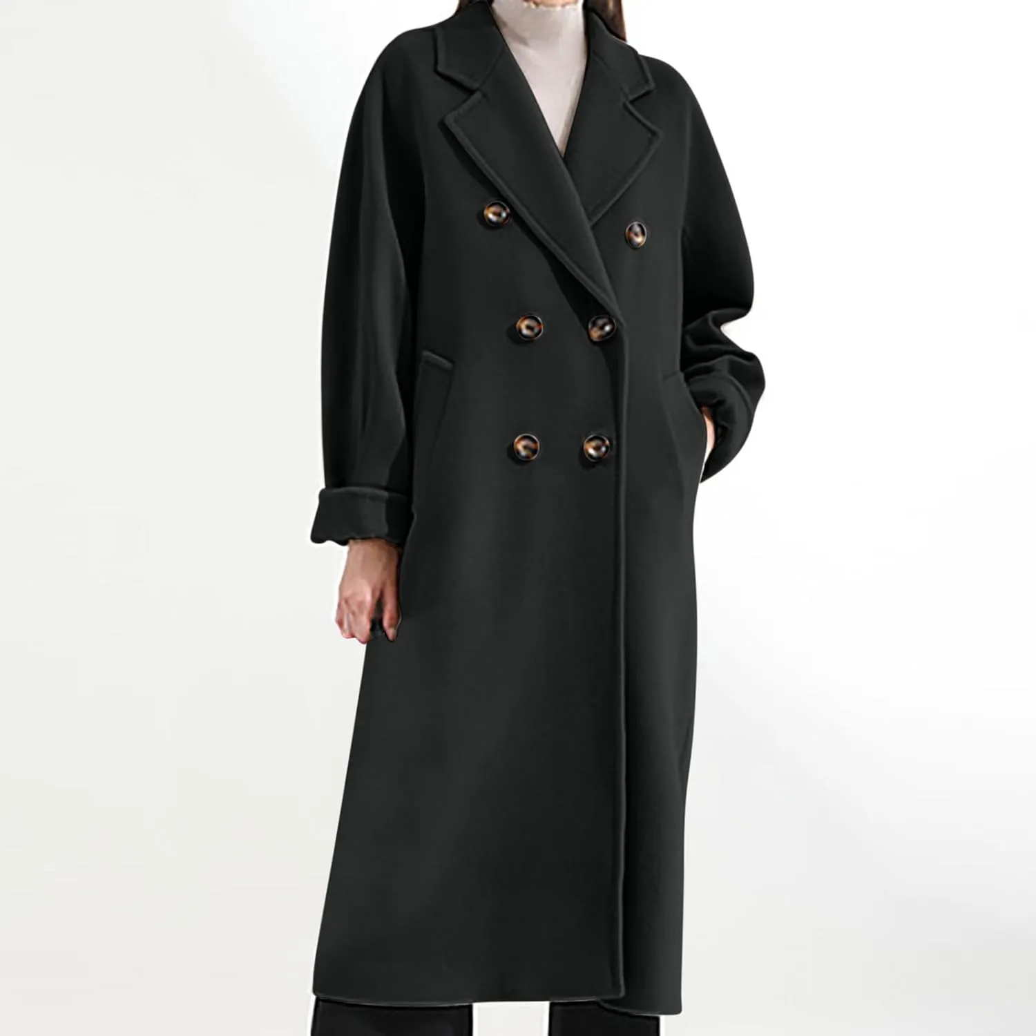 Women Long Wool Blend Pea Coat Winter Casual Overcoat Notched Lapel Collar Trench Coats Belted Pockets Jacket Outwear