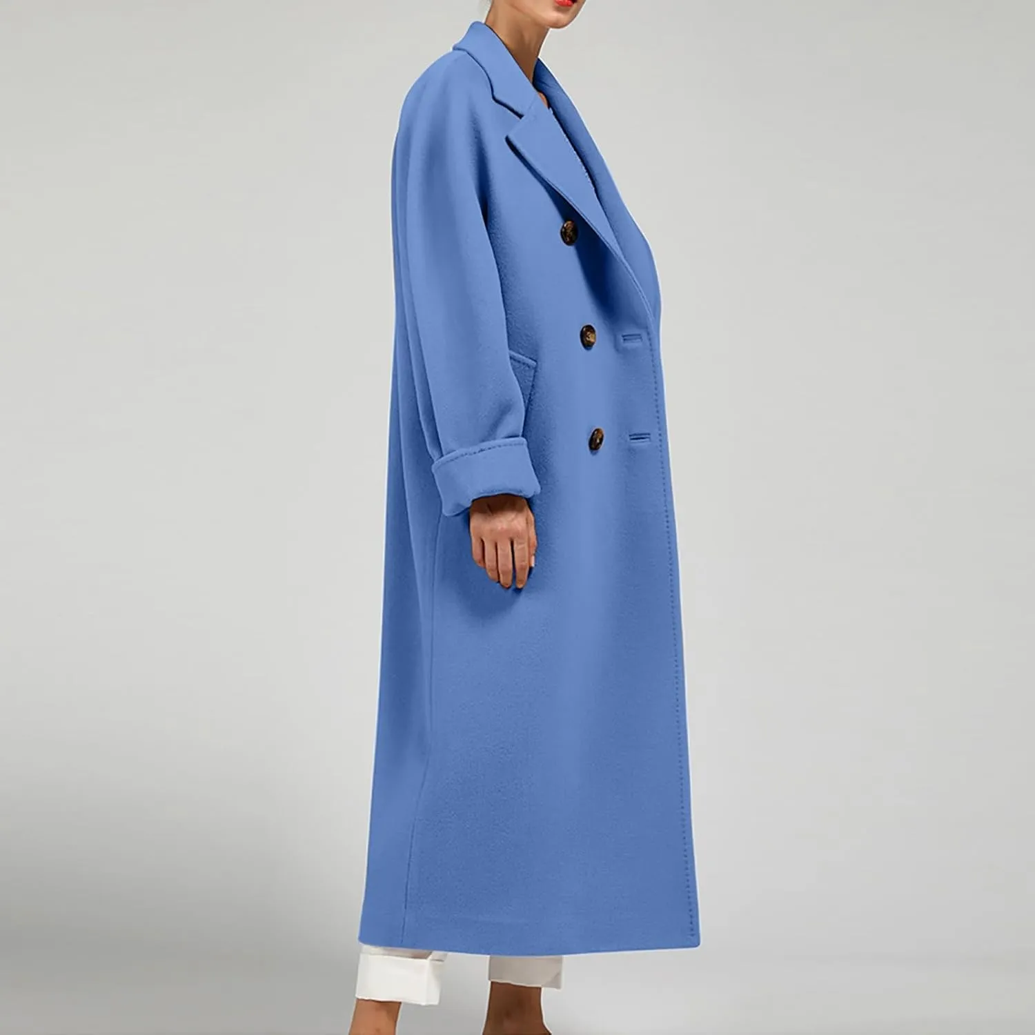 Women Long Wool Blend Pea Coat Winter Casual Overcoat Notched Lapel Collar Trench Coats Belted Pockets Jacket Outwear