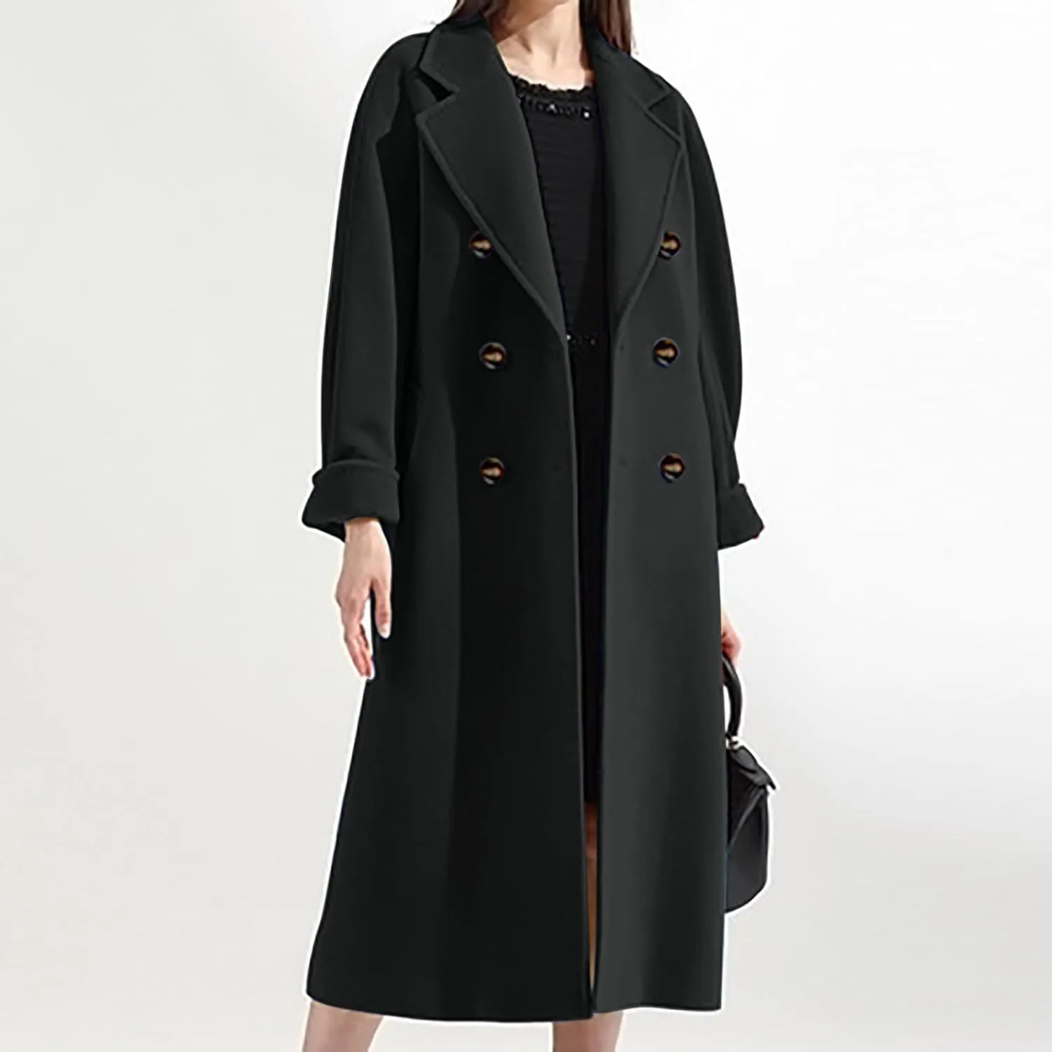 Women Long Wool Blend Pea Coat Winter Casual Overcoat Notched Lapel Collar Trench Coats Belted Pockets Jacket Outwear