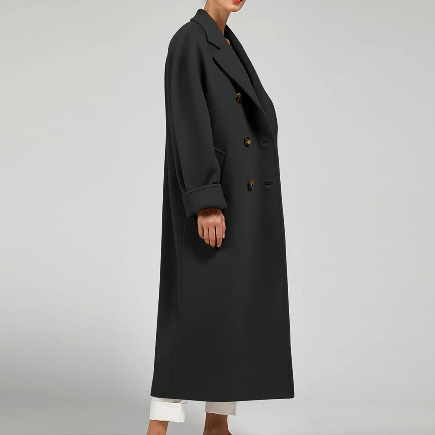 Women Long Wool Blend Pea Coat Winter Casual Overcoat Notched Lapel Collar Trench Coats Belted Pockets Jacket Outwear