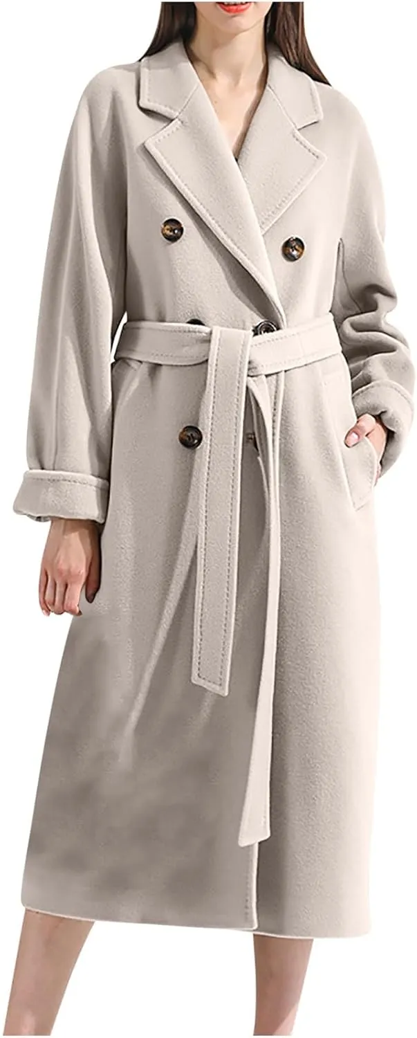 Women Long Wool Blend Pea Coat Winter Casual Overcoat Notched Lapel Collar Trench Coats Belted Pockets Jacket Outwear