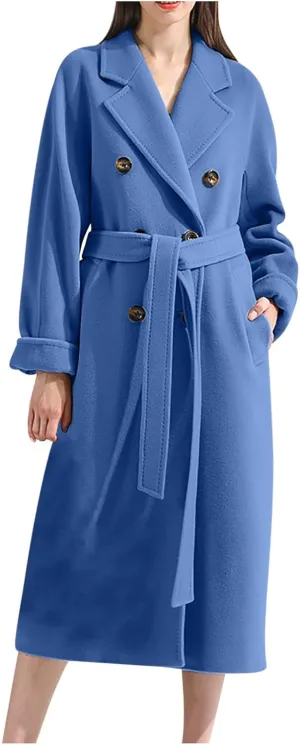 Women Long Wool Blend Pea Coat Winter Casual Overcoat Notched Lapel Collar Trench Coats Belted Pockets Jacket Outwear