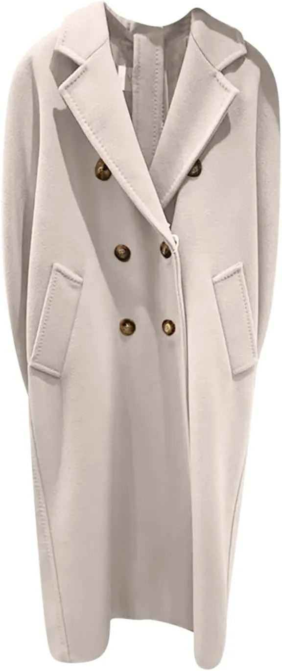 Women Long Wool Blend Pea Coat Winter Casual Overcoat Notched Lapel Collar Trench Coats Belted Pockets Jacket Outwear