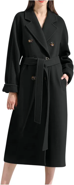 Women Long Wool Blend Pea Coat Winter Casual Overcoat Notched Lapel Collar Trench Coats Belted Pockets Jacket Outwear