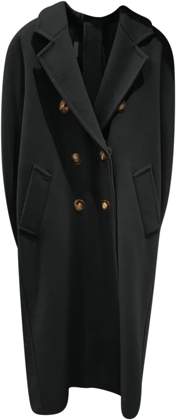 Women Long Wool Blend Pea Coat Winter Casual Overcoat Notched Lapel Collar Trench Coats Belted Pockets Jacket Outwear