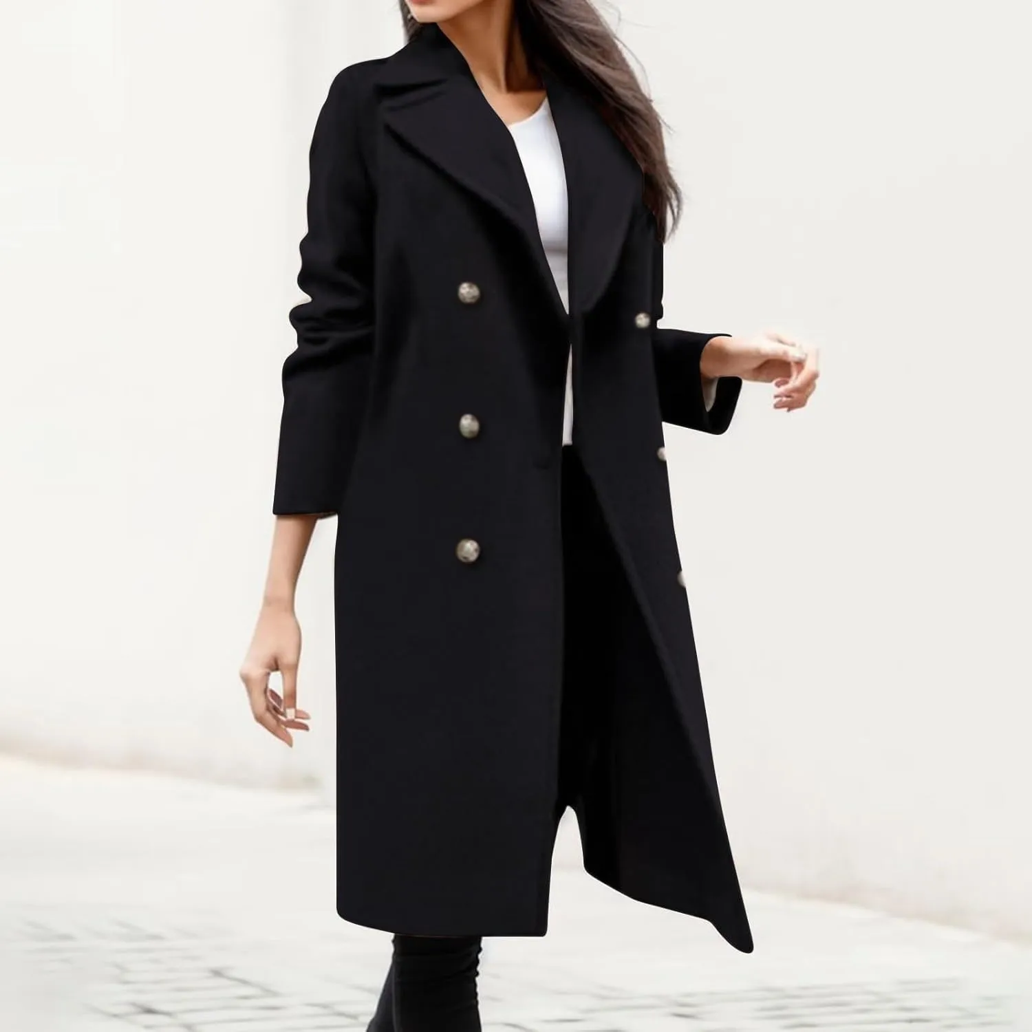 Women Winter Wool Blend Mid-Long Trench Coat Notch Lapel Double-Breasted Overcoat Jacket Fashion Pea Coats Outwear