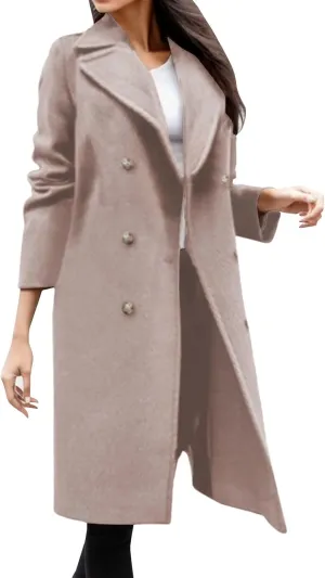 Women Winter Wool Blend Mid-Long Trench Coat Notch Lapel Double-Breasted Overcoat Jacket Fashion Pea Coats Outwear