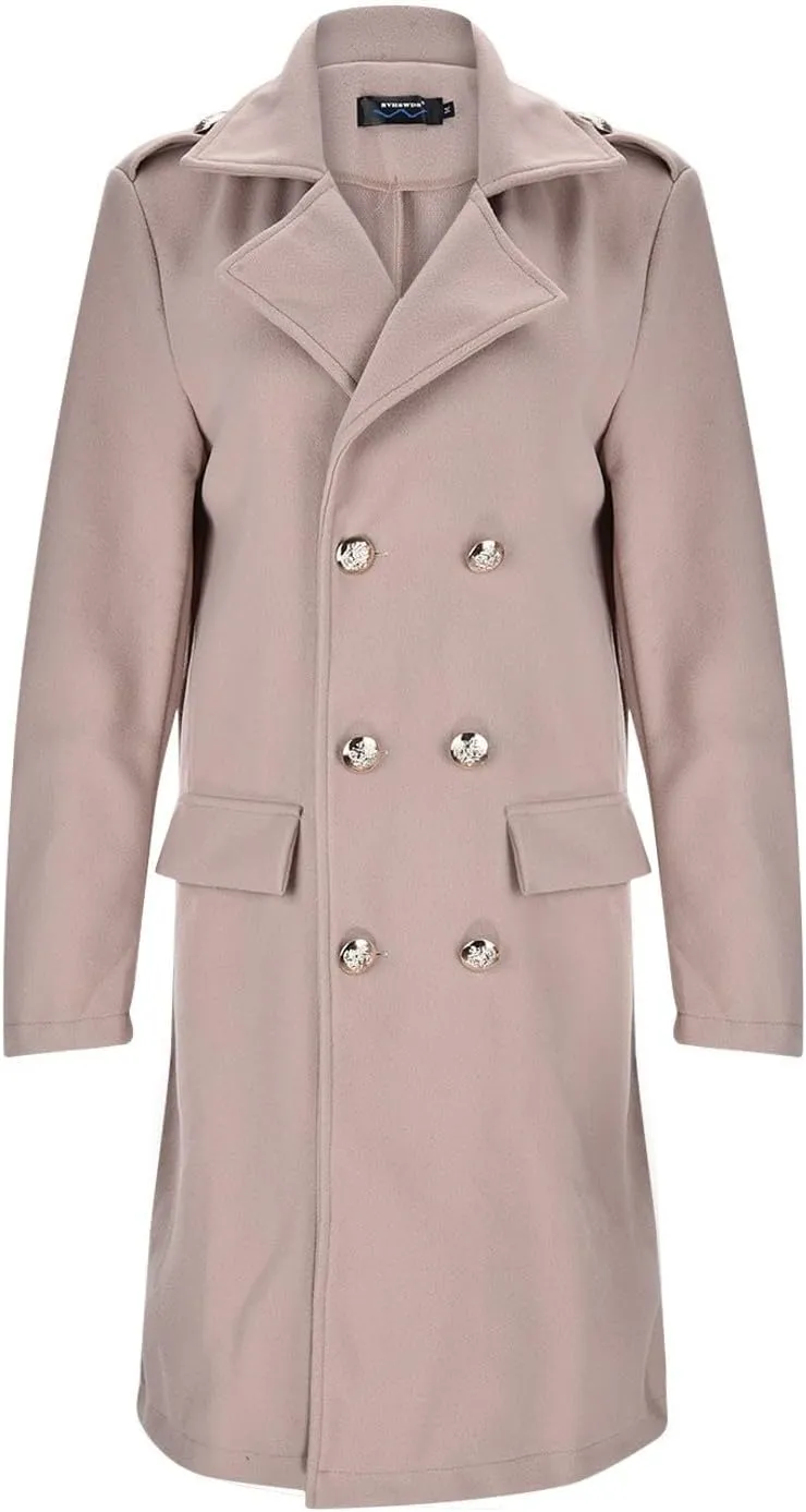 Women Winter Wool Blend Mid-Long Trench Coat Notch Lapel Double-Breasted Overcoat Jacket Fashion Pea Coats Outwear