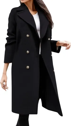 Women Winter Wool Blend Mid-Long Trench Coat Notch Lapel Double-Breasted Overcoat Jacket Fashion Pea Coats Outwear