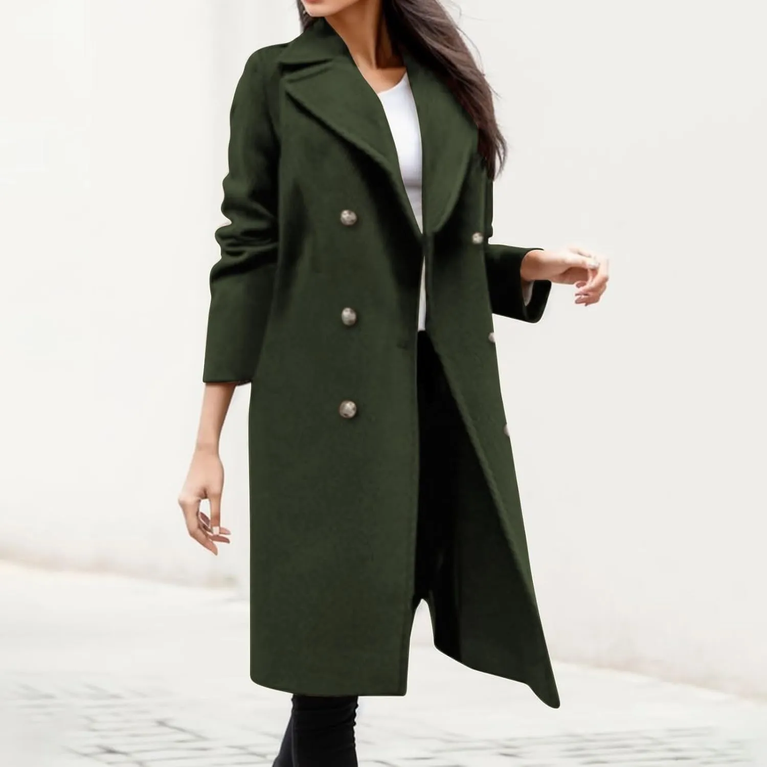 Women Winter Wool Blend Mid-Long Trench Coat Notch Lapel Double-Breasted Overcoat Jacket Fashion Pea Coats Outwear