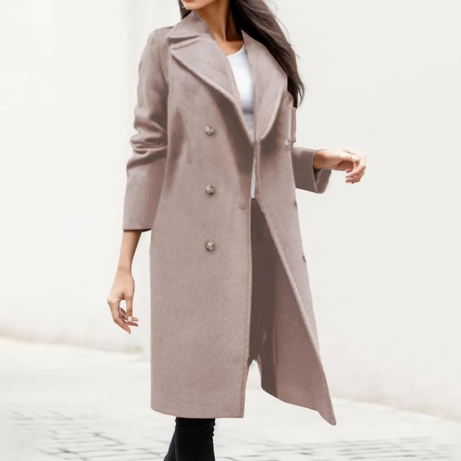 Women Winter Wool Blend Mid-Long Trench Coat Notch Lapel Double-Breasted Overcoat Jacket Fashion Pea Coats Outwear