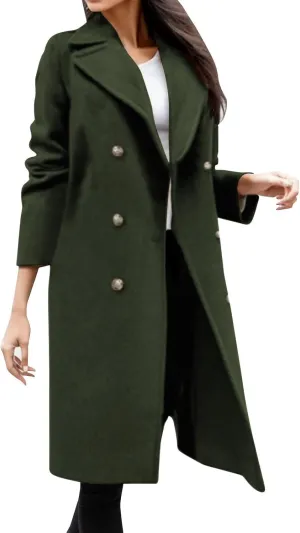 Women Winter Wool Blend Mid-Long Trench Coat Notch Lapel Double-Breasted Overcoat Jacket Fashion Pea Coats Outwear