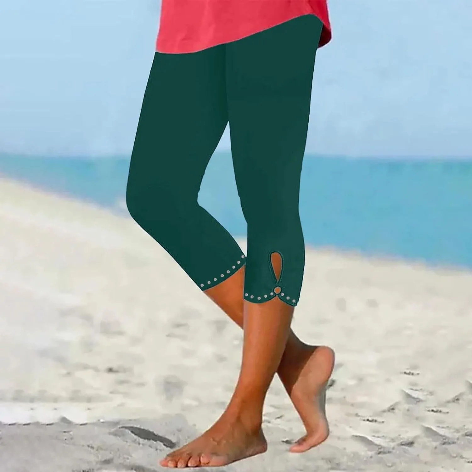 Women's Capri Leggings with Rhinestone 2025 Summer High Waist Cropped Yoga Pants Cutout Keyhole Stretchy Capri Tights