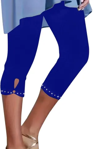 Women's Capri Leggings with Rhinestone 2025 Summer High Waist Cropped Yoga Pants Cutout Keyhole Stretchy Capri Tights