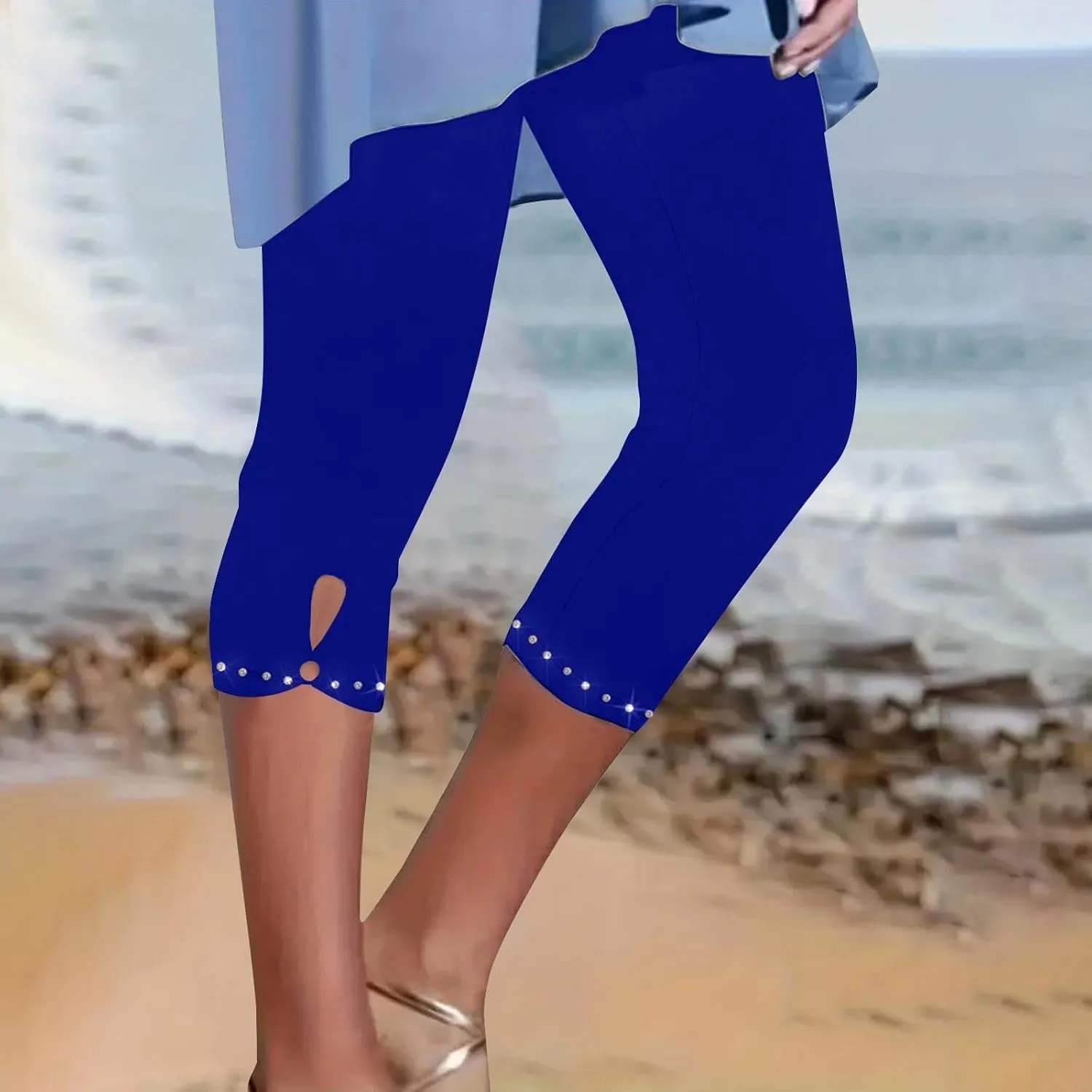 Women's Capri Leggings with Rhinestone 2025 Summer High Waist Cropped Yoga Pants Cutout Keyhole Stretchy Capri Tights