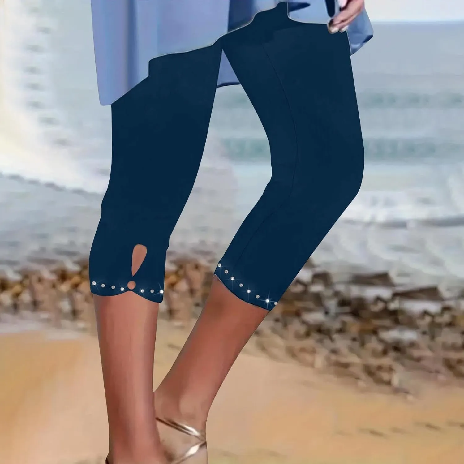 Women's Capri Leggings with Rhinestone 2025 Summer High Waist Cropped Yoga Pants Cutout Keyhole Stretchy Capri Tights