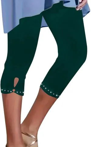 Women's Capri Leggings with Rhinestone 2025 Summer High Waist Cropped Yoga Pants Cutout Keyhole Stretchy Capri Tights