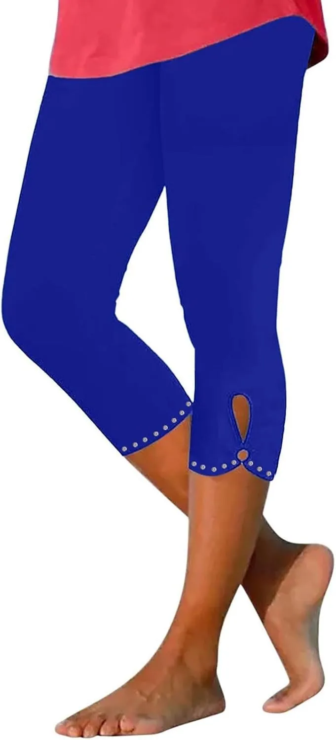 Women's Capri Leggings with Rhinestone 2025 Summer High Waist Cropped Yoga Pants Cutout Keyhole Stretchy Capri Tights