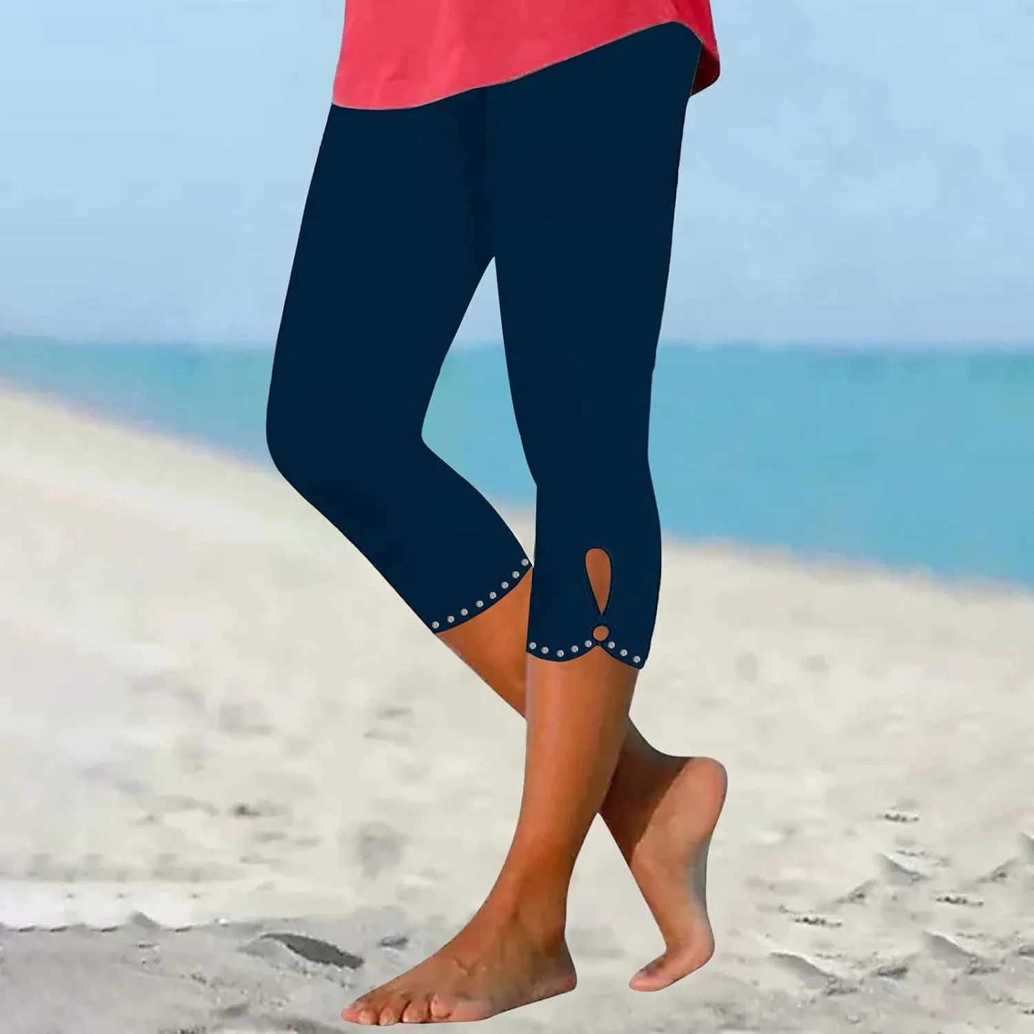Women's Capri Leggings with Rhinestone 2025 Summer High Waist Cropped Yoga Pants Cutout Keyhole Stretchy Capri Tights