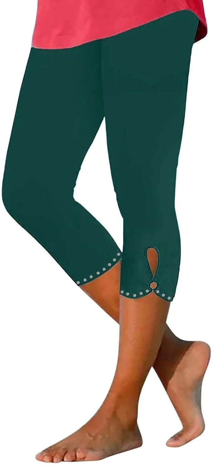 Women's Capri Leggings with Rhinestone 2025 Summer High Waist Cropped Yoga Pants Cutout Keyhole Stretchy Capri Tights