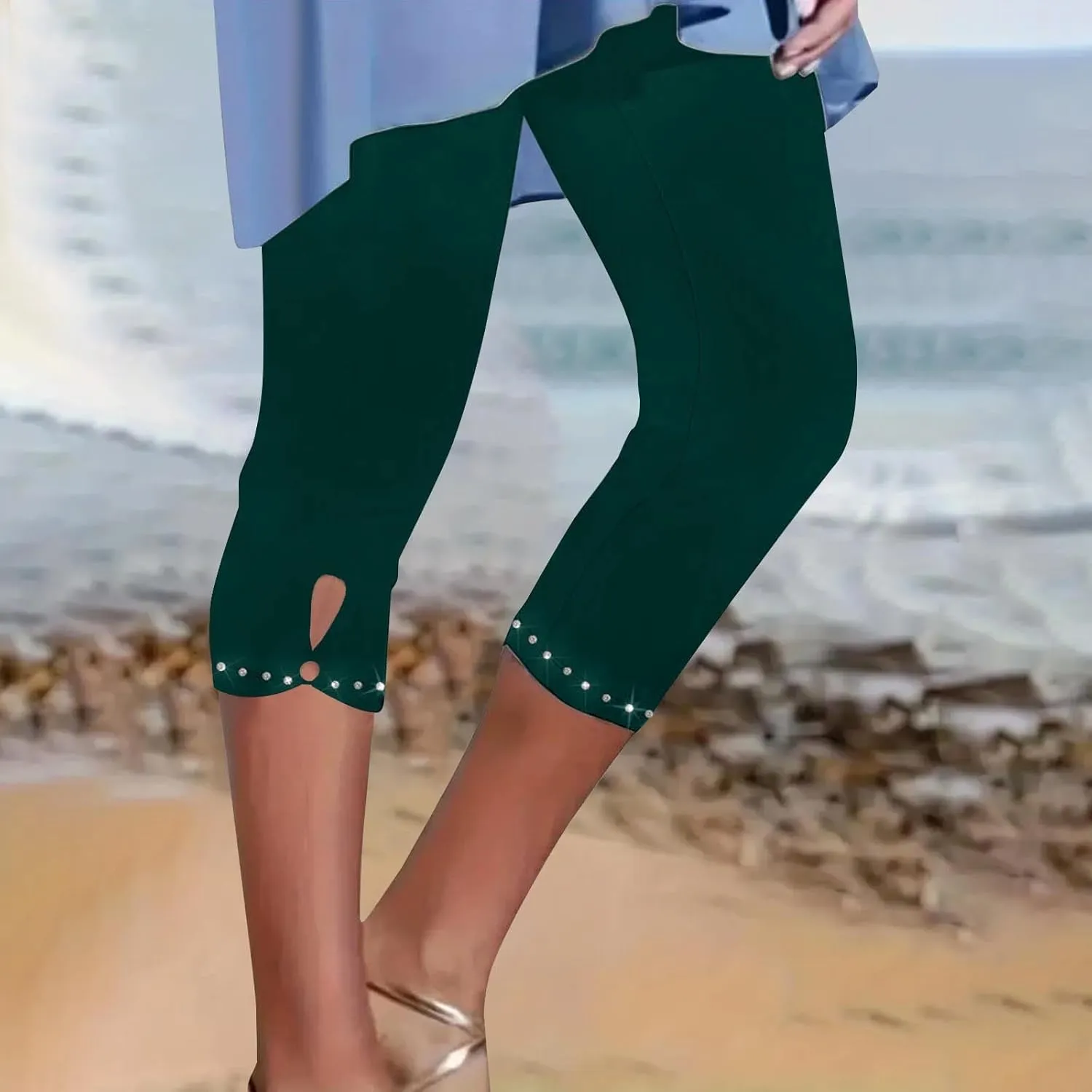 Women's Capri Leggings with Rhinestone 2025 Summer High Waist Cropped Yoga Pants Cutout Keyhole Stretchy Capri Tights