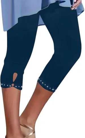 Women's Capri Leggings with Rhinestone 2025 Summer High Waist Cropped Yoga Pants Cutout Keyhole Stretchy Capri Tights