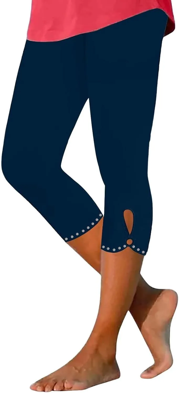 Women's Capri Leggings with Rhinestone 2025 Summer High Waist Cropped Yoga Pants Cutout Keyhole Stretchy Capri Tights