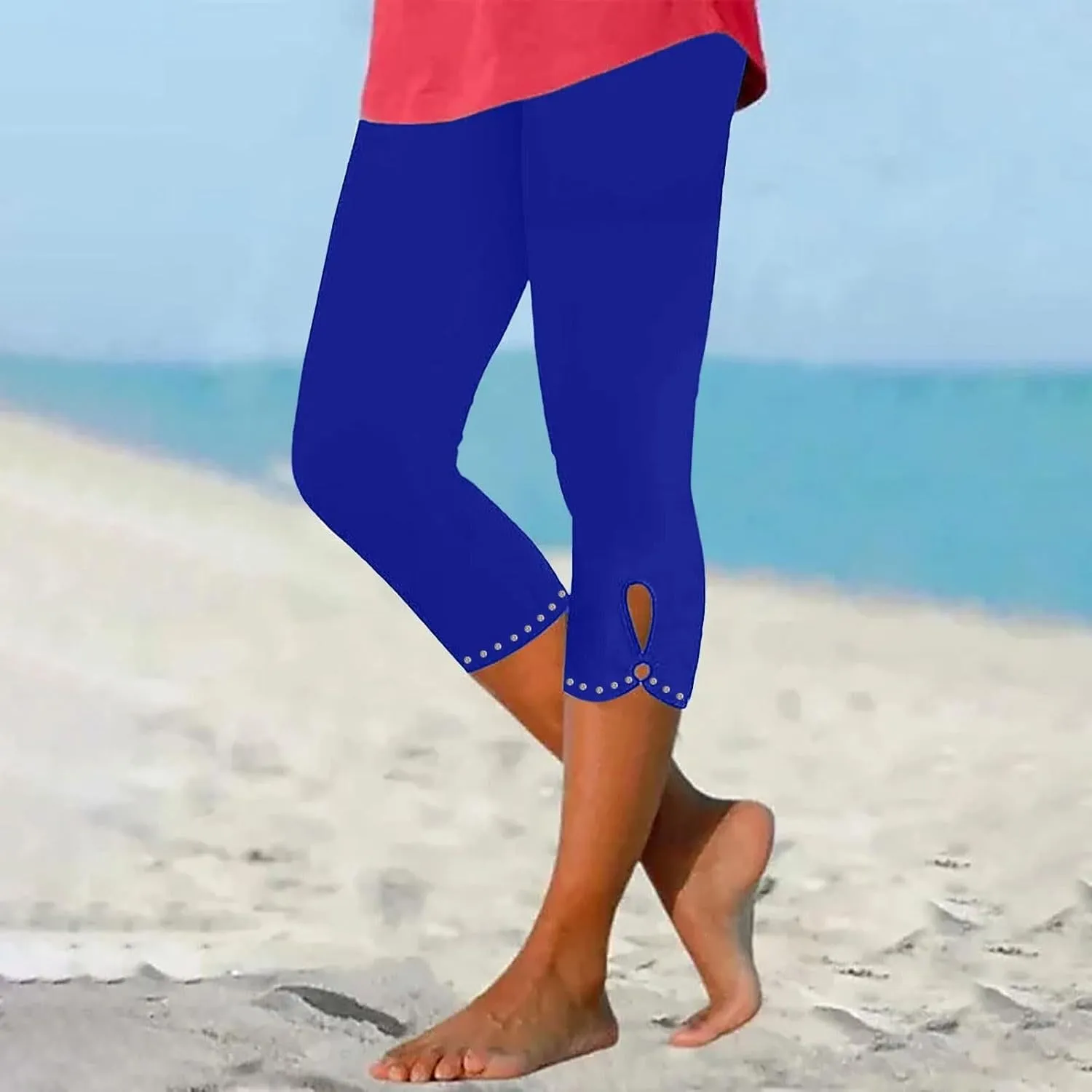 Women's Capri Leggings with Rhinestone 2025 Summer High Waist Cropped Yoga Pants Cutout Keyhole Stretchy Capri Tights