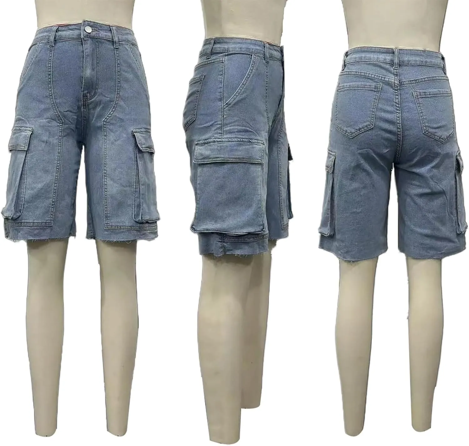 Womens Cargo Jean Shorts High Waisted Straight Leg Casual Ripped Raw Hem Denim Shorts with Pockets