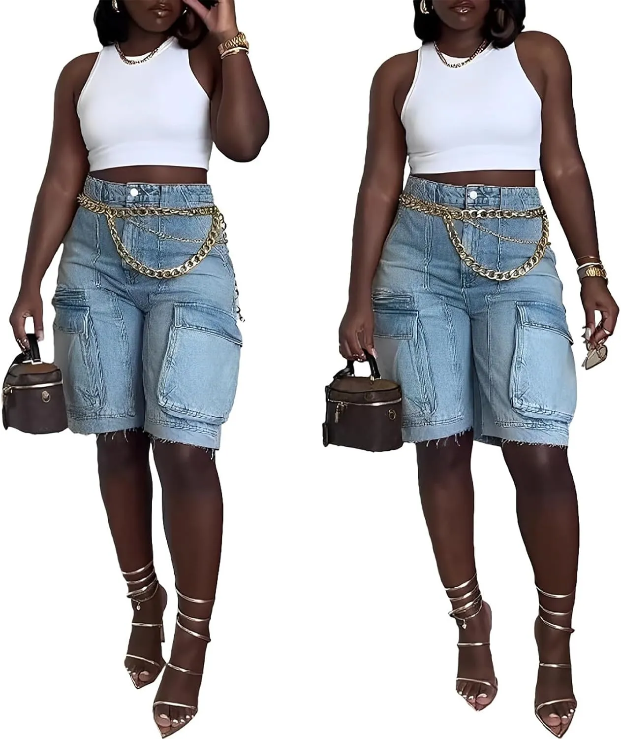 Womens Cargo Jean Shorts High Waisted Straight Leg Casual Ripped Raw Hem Denim Shorts with Pockets