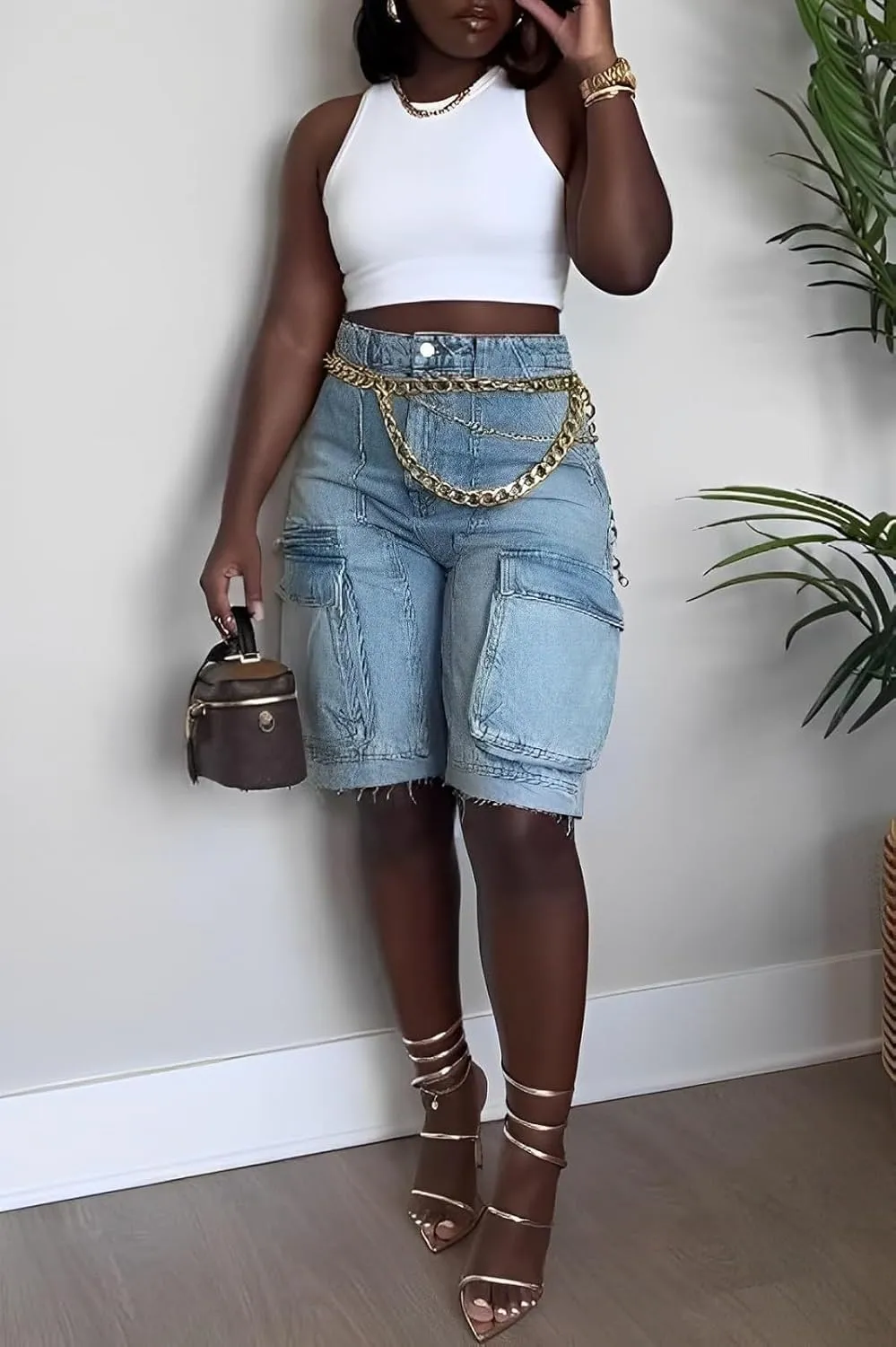 Womens Cargo Jean Shorts High Waisted Straight Leg Casual Ripped Raw Hem Denim Shorts with Pockets