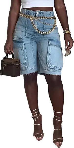Womens Cargo Jean Shorts High Waisted Straight Leg Casual Ripped Raw Hem Denim Shorts with Pockets