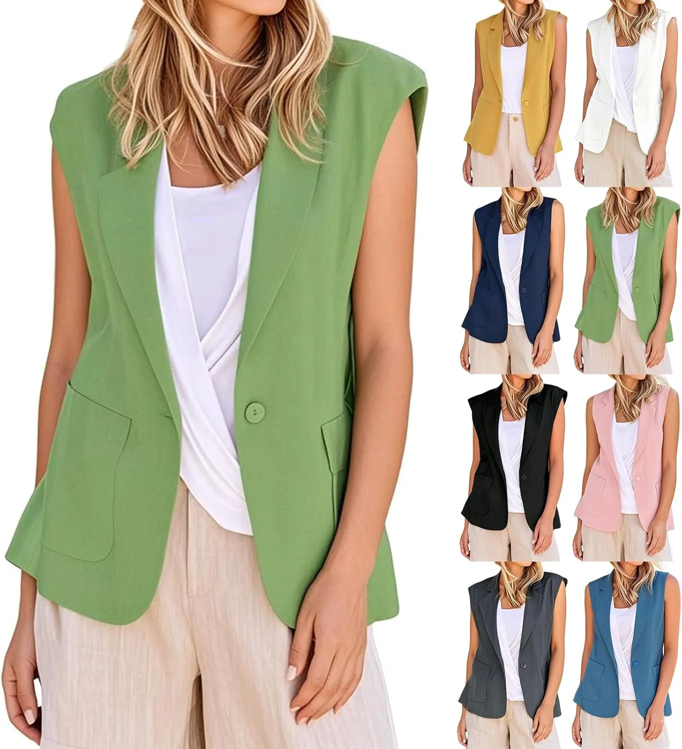 Womens Casual Business Blazer Sleeveless Lightweight Fully-Lined Work Office Vest Summer Waistcoat with Pockets 2025