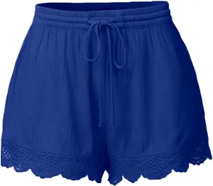 Women's Casual Shorts with Pockets Lace Trim Front Pleated Drawstring Stylish Comfortable Loose Fitting Summer Pants