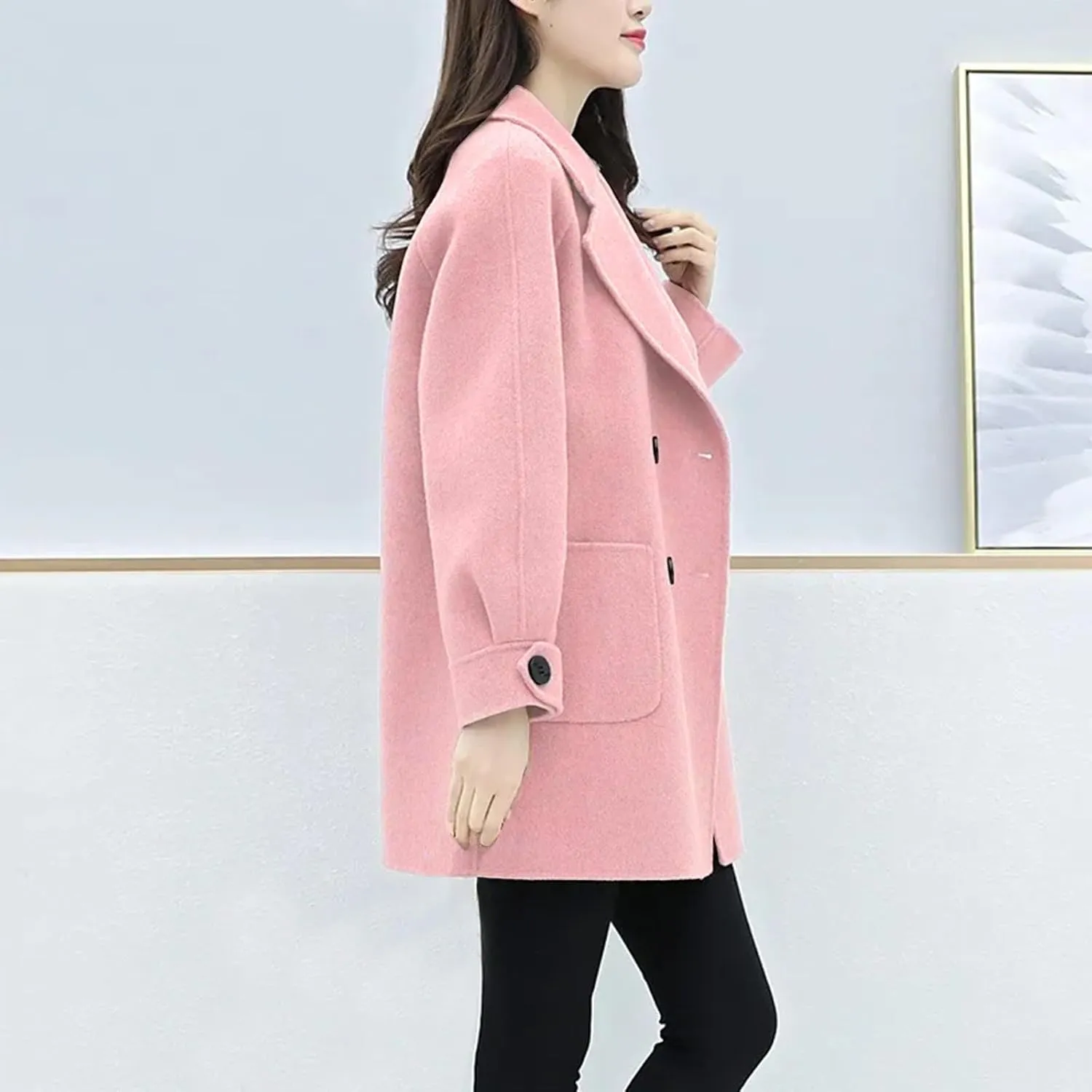 Women's Classic Double Breasted Wool Blend Pea Coat Winter Warm Notch Lapel Short Trench Coats Jacket with Pockets