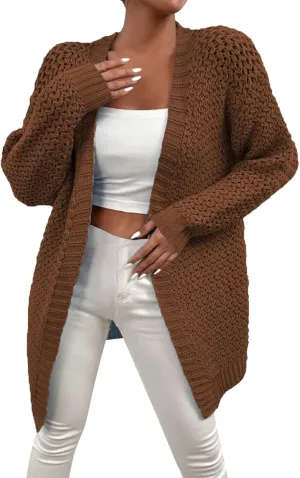 Womens Classic Long Sleeve Knit Cardigan Sweaters Casual Open Front Cardigan Cable Knit Chunky Outwear Lightweight Coats