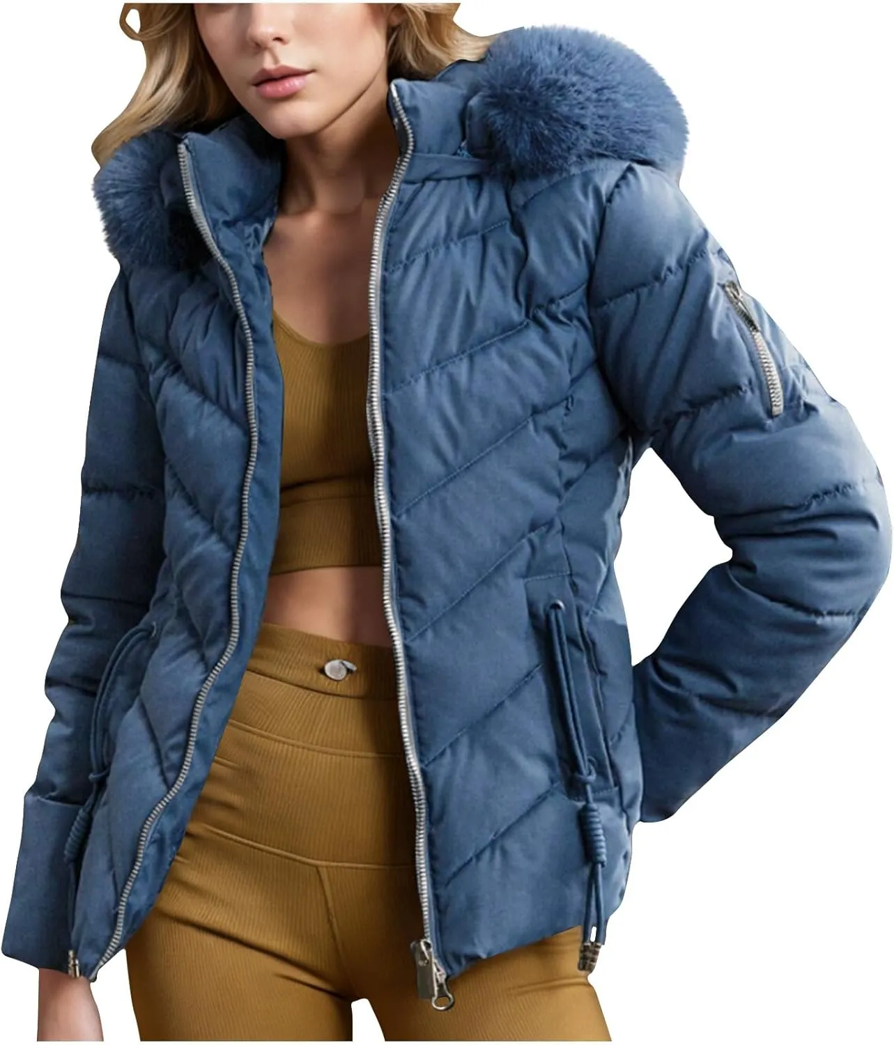 Womens Down Jacket Winter Plus Size Hooded Winter Down Quilted Jacket Insulated Puffer Coat with Faux Fur Hood