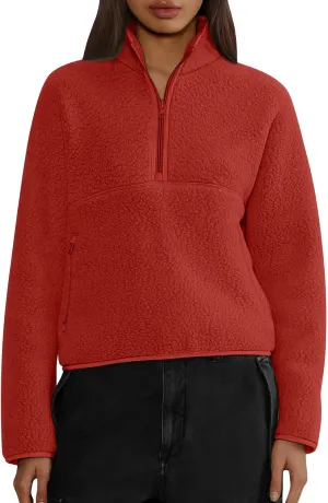Womens Half Zip Pullover Cropped Sweatshirt Sherpa Fleece Jacket Fuzzy Sweater Winter Jackets with Zipper Pockets
