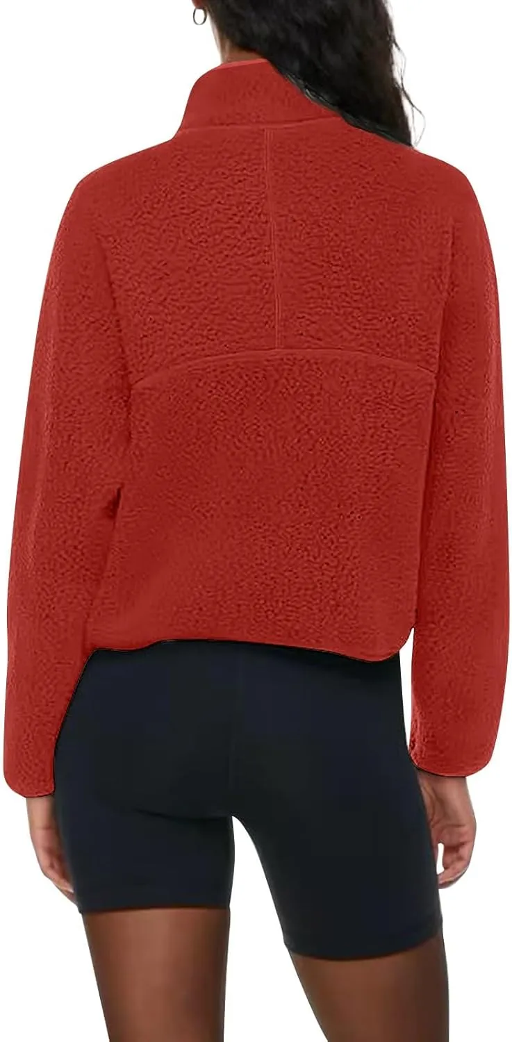 Womens Half Zip Pullover Cropped Sweatshirt Sherpa Fleece Jacket Fuzzy Sweater Winter Jackets with Zipper Pockets