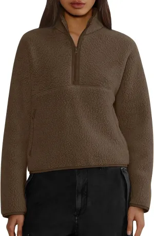Womens Half Zip Pullover Cropped Sweatshirt Sherpa Fleece Jacket Fuzzy Sweater Winter Jackets with Zipper Pockets