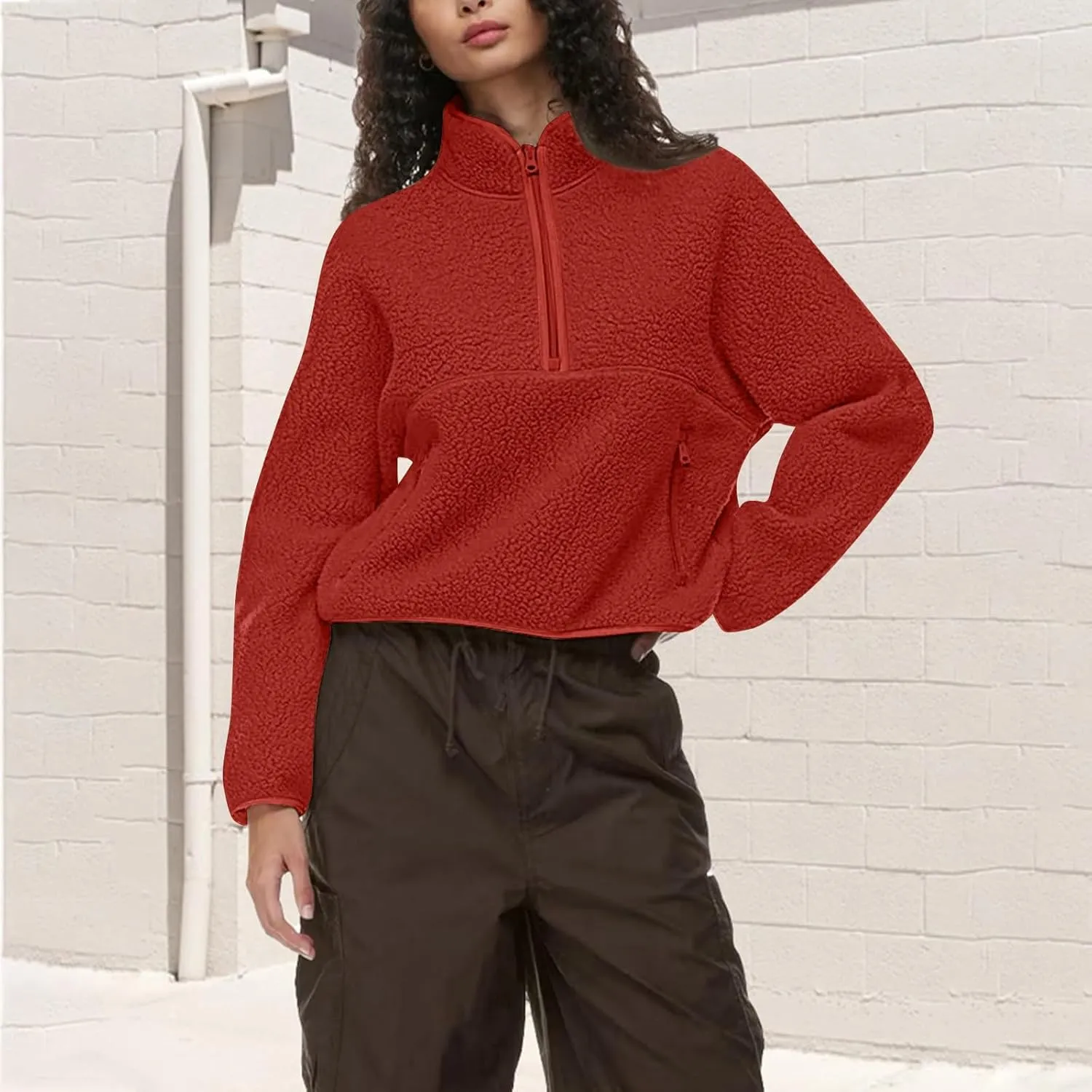 Womens Half Zip Pullover Cropped Sweatshirt Sherpa Fleece Jacket Fuzzy Sweater Winter Jackets with Zipper Pockets
